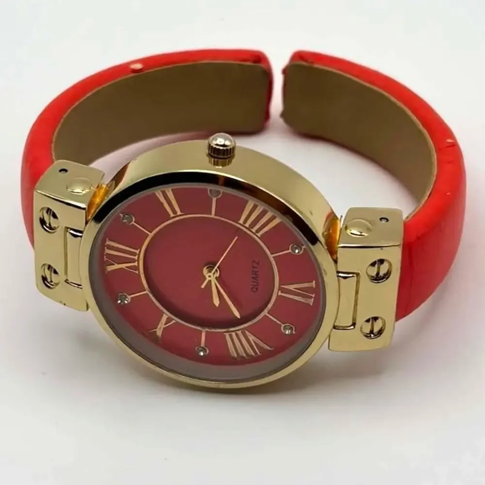 Gold & Red Quartz Cuff Watch